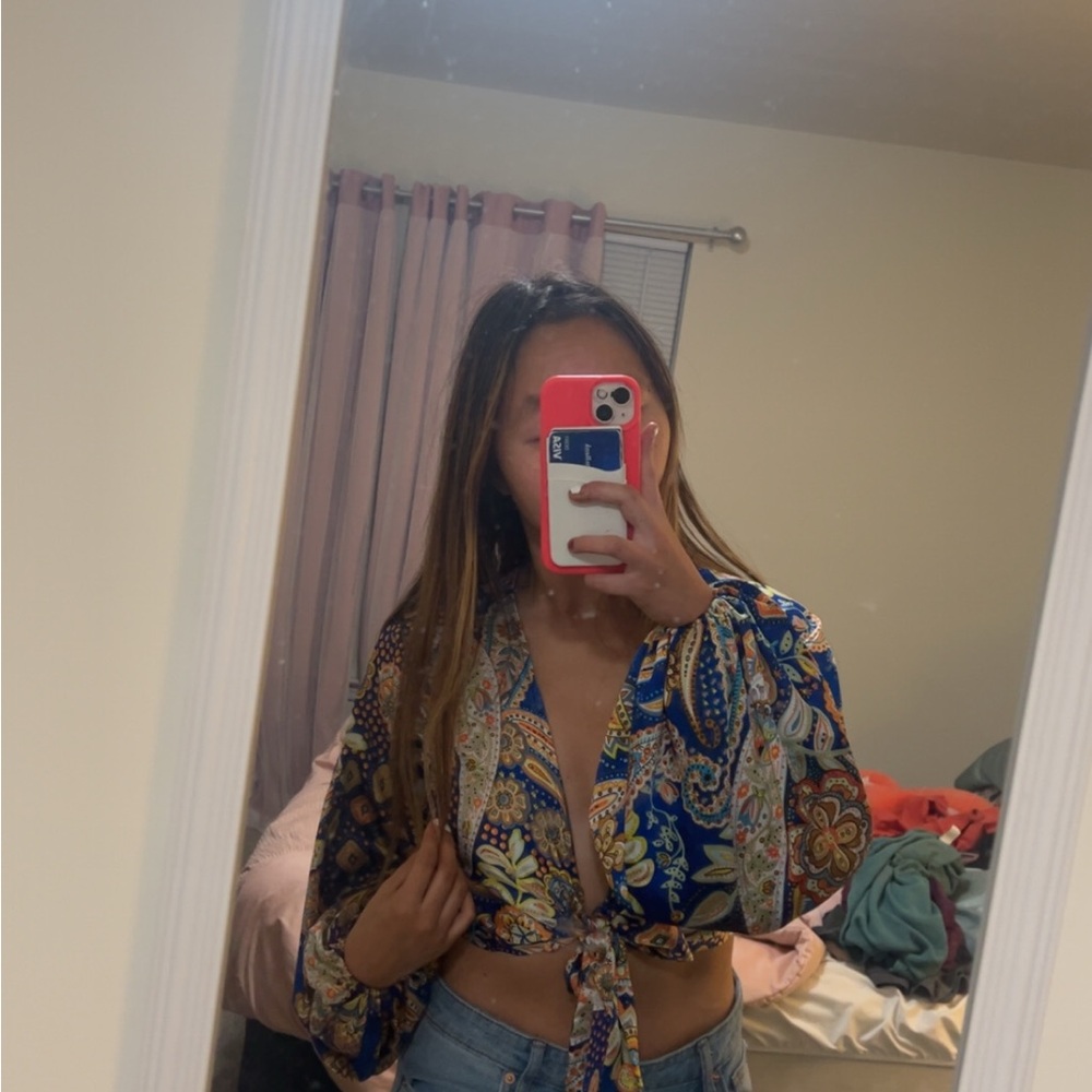 Paisley Tie-Front Blouse - Blue